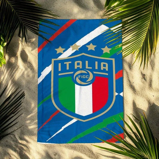 מגבת חוף מדליקה עם הלוגו של נבחרת איטליה בכדורגל - תערובת פוליאסטר, מגבת קלת משקל, סופגת ומודרנית